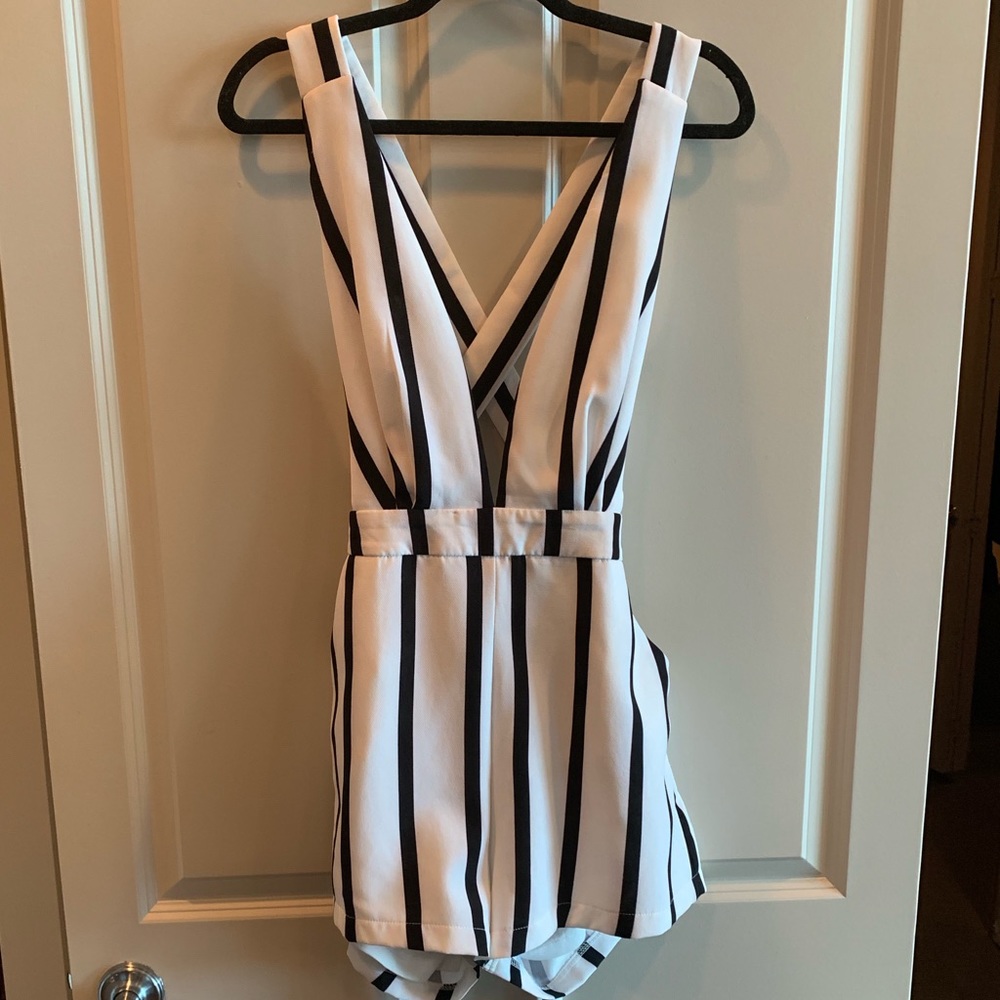 Plunge v cross back black and white striped romper